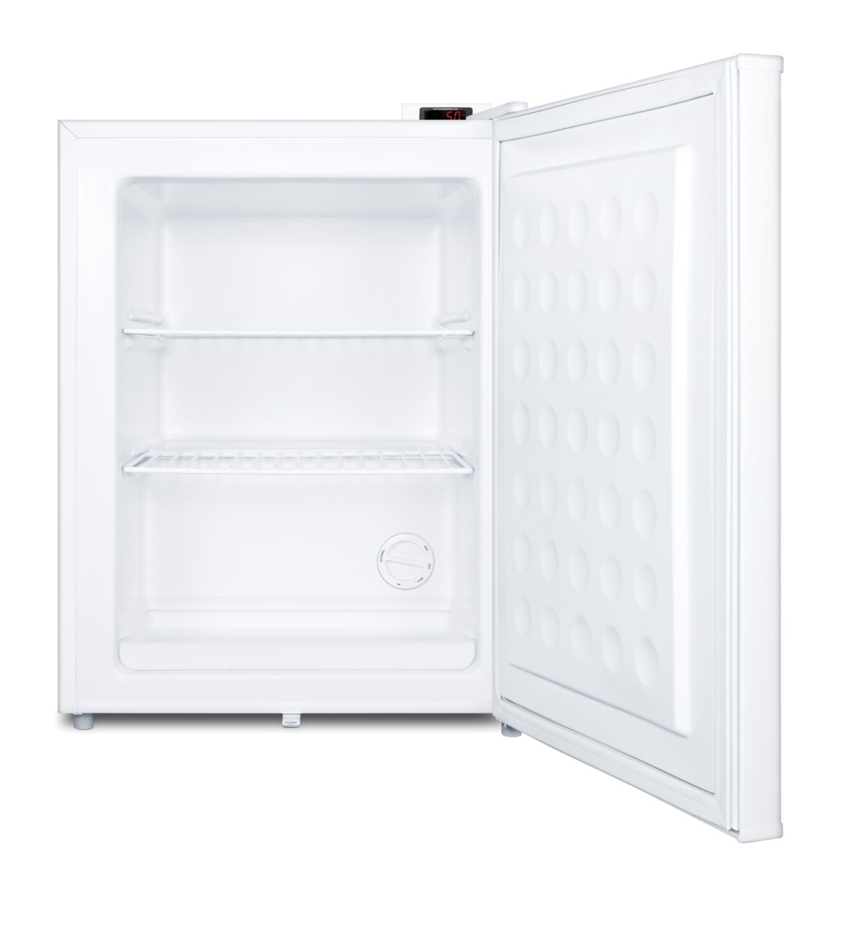 Countertop vaccine storage all-freezer with digital thermostat, temperature alarm, hospital grade cord, self-closing door, and front lock